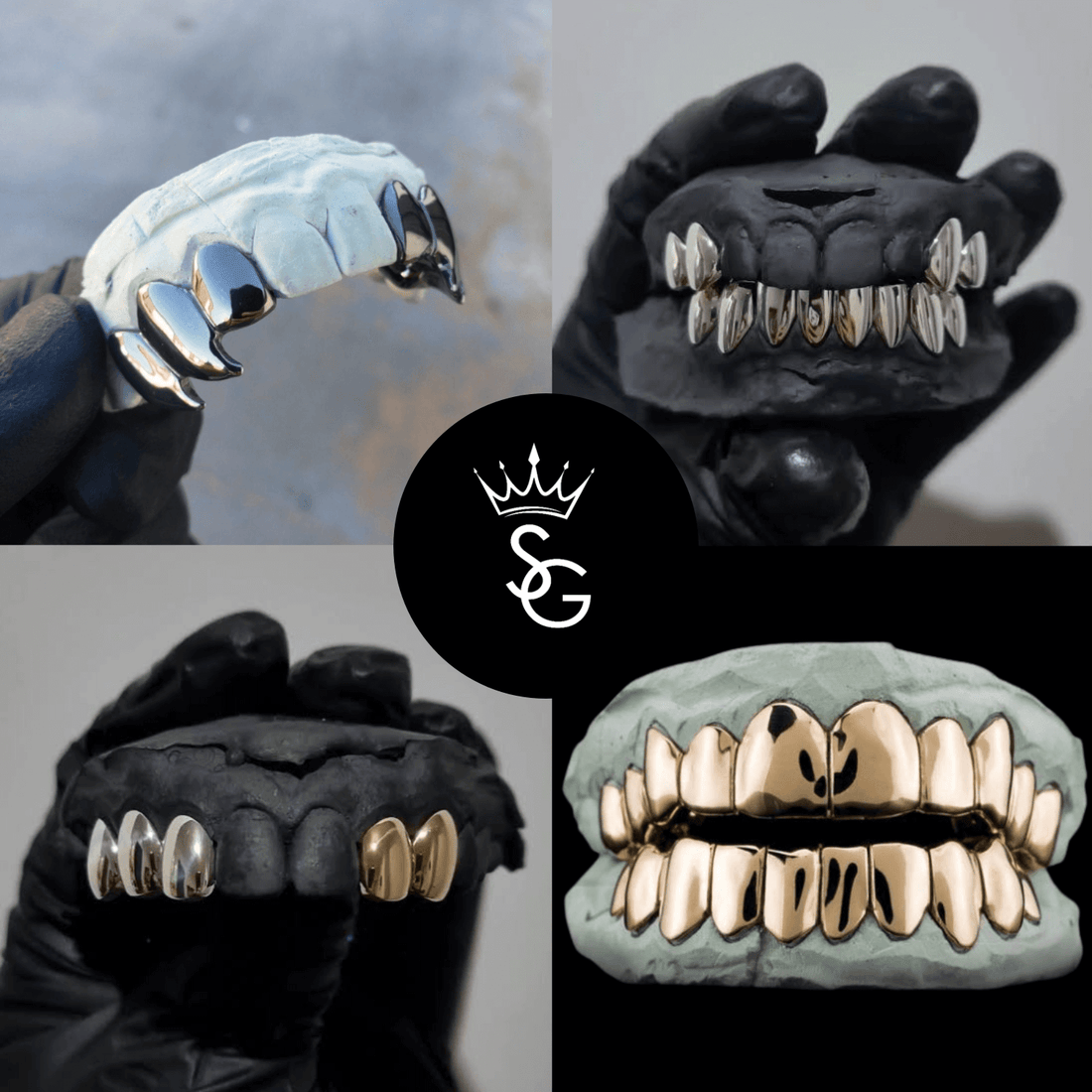 Custom and pre-made Grillz showcased on dental molds, featuring gold and silver designs.